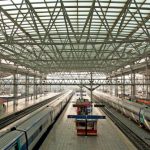 Platforms - A train station with a large roof and many trains